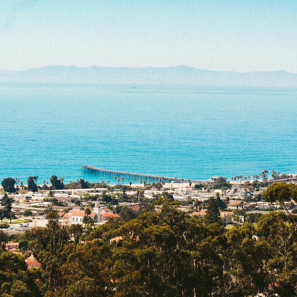 A view of the coastline and the pier in Ventura